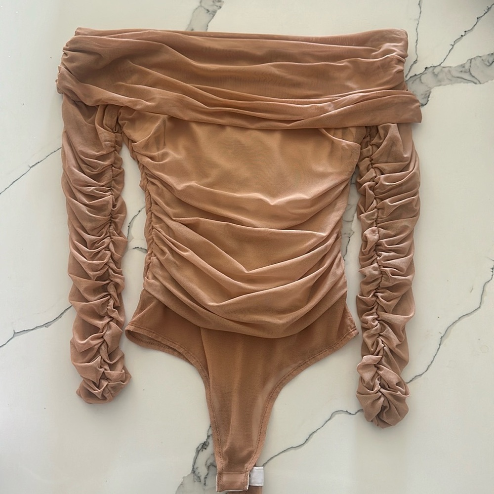 Off the shoulder, body con bodysuit. Nude illusion one piece.